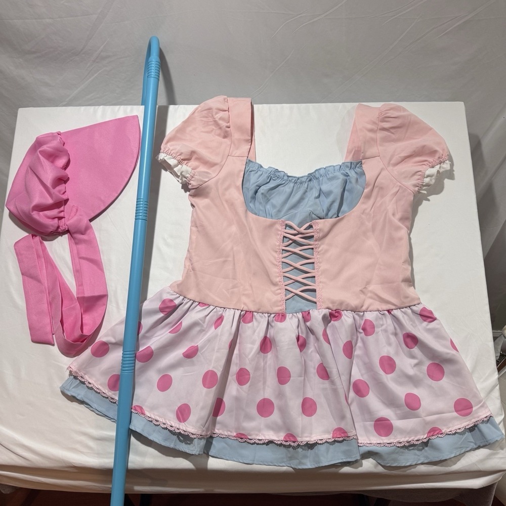 Little Bo Peep Toy Story Costume Pink Bonnet Blue Prop Staff Womens Size 2XL